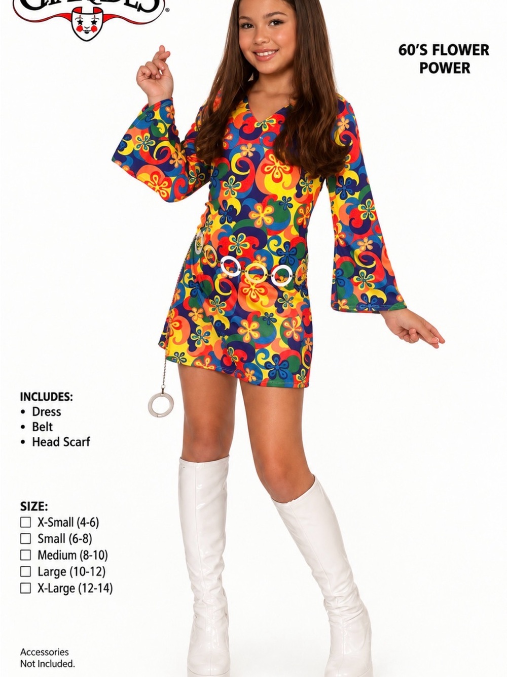 60's Flower Power Kids Costume Dress with Belt and Scarf